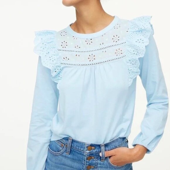 J. Crew Cotton Eyelet Ruffle Long Sleeve Top - Picture 1 of 6